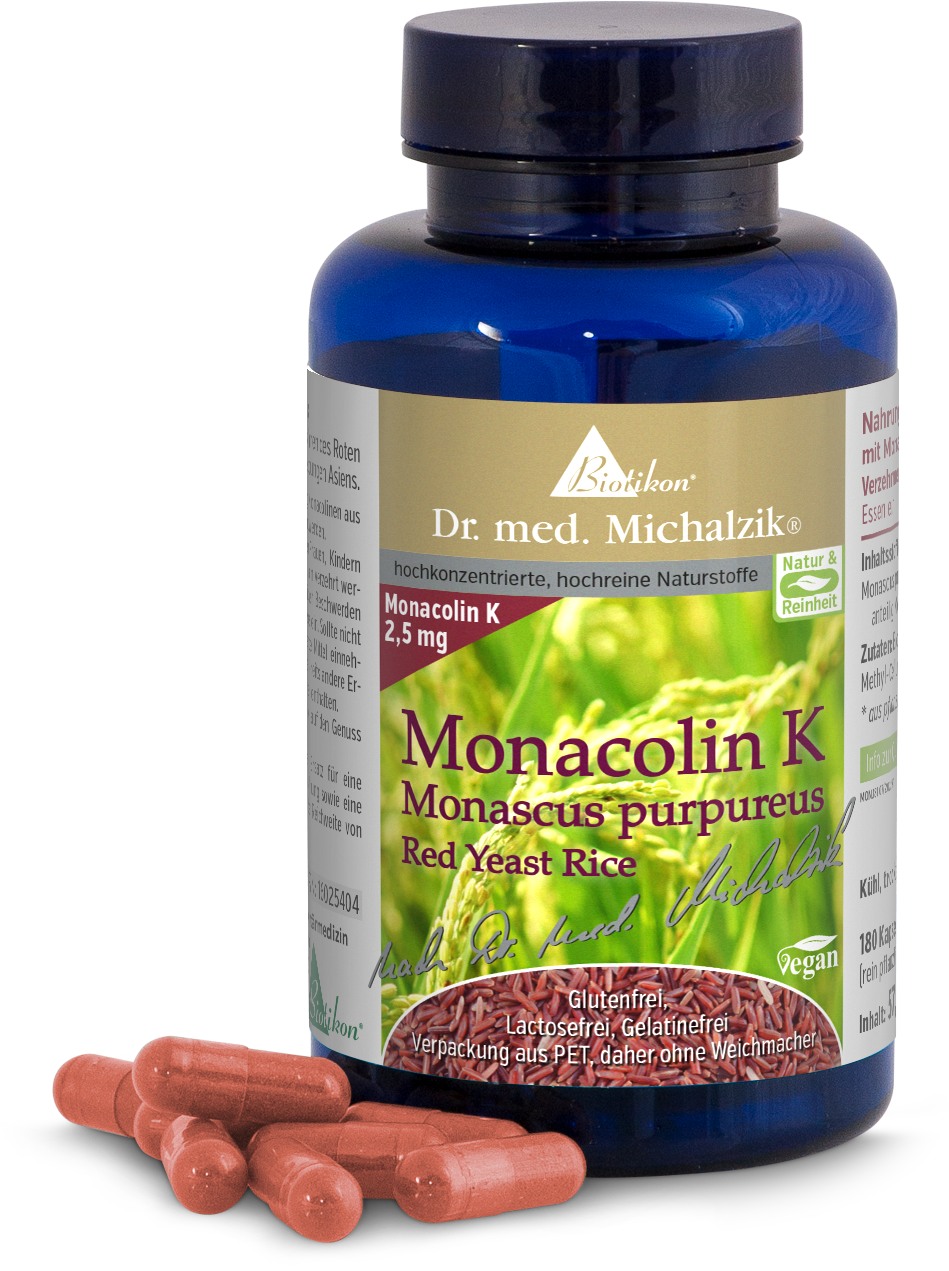 Monacolin K Dose Monascus Purpureus Bottle containing 180 red Monacolin K capsules, top view.