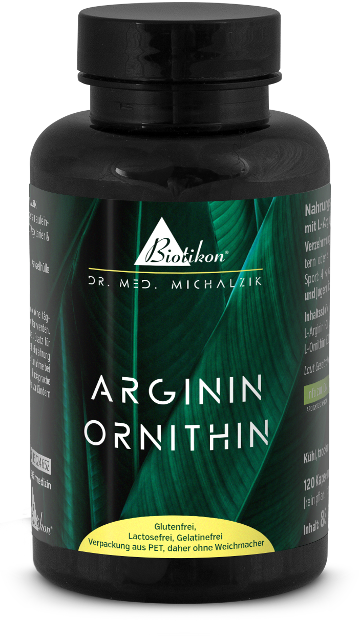 Arginine Ornithine – 120 Capsules Black capsule bottle containing 120 arginine and ornithine capsules, PET packaging, green leaves in the background.