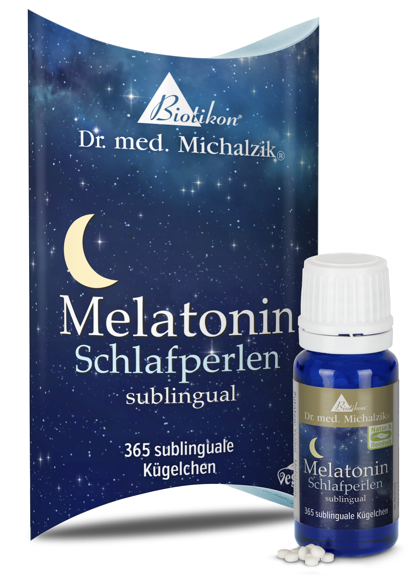Bottle with 365 sublingual pearls in a dark blue packaging.