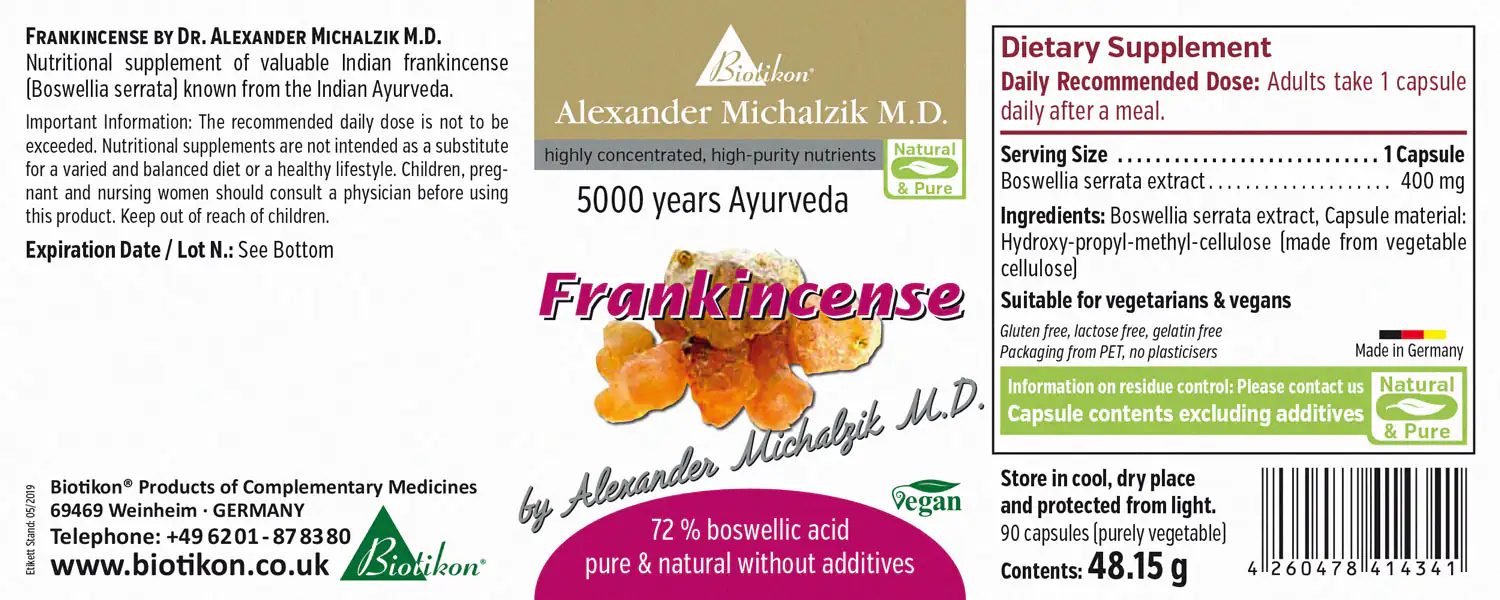 Frankincense 400 mg – Capsules Dietary supplement Frankincense, 90 capsules in PET packaging, front view.