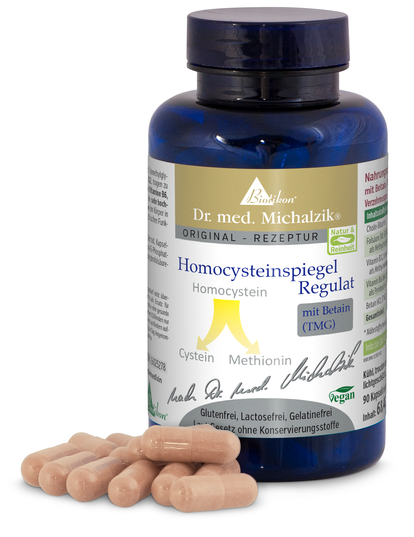Homocysteine Regulat – 60 Vegan Capsules Blue glass bottle containing 60 vegan capsules against a white background, visible ingredients.