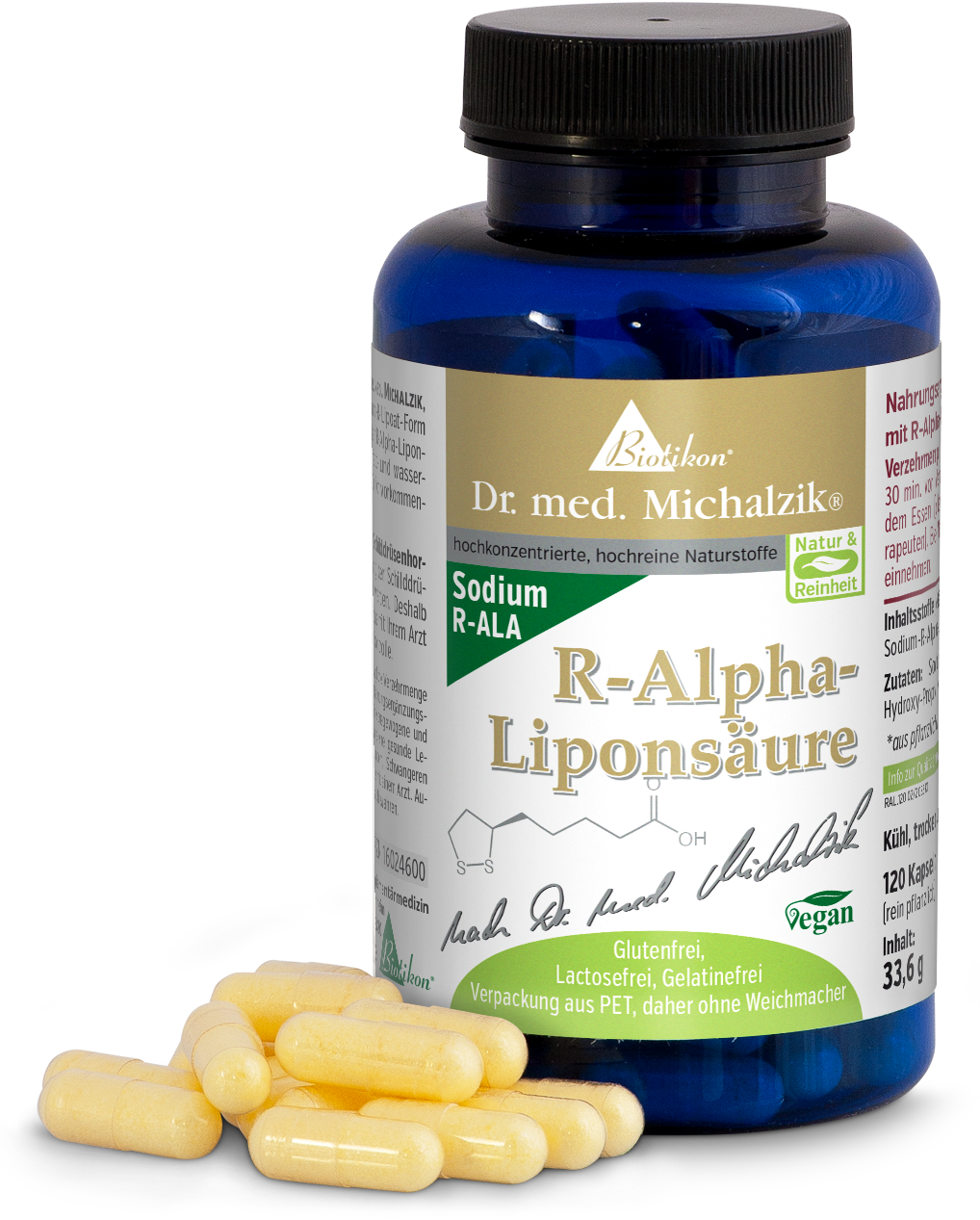 R-Alpha-Lipoic Acid 120 Capsules - Sodium Bottle of R-Alpha-Lipoic Acid, 120 yellow capsules, packed in a blue PET bottle.