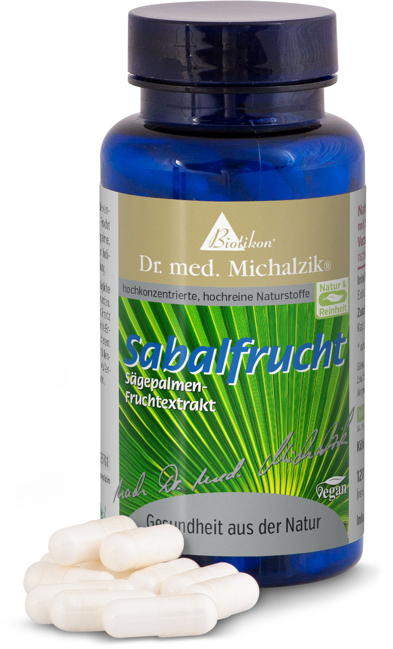 Sabal Fruit – Saw Palmetto Extract Capsules Bottle of Sabal fruit capsules, 120 pieces, in blue glass, with white capsules in foreground.