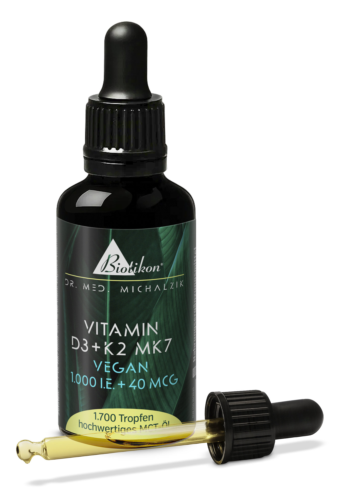 Bottle of Vitamin D3 and K2 MK7 drops, 1750 drops, MCT oil, black packaging, dropper visible.