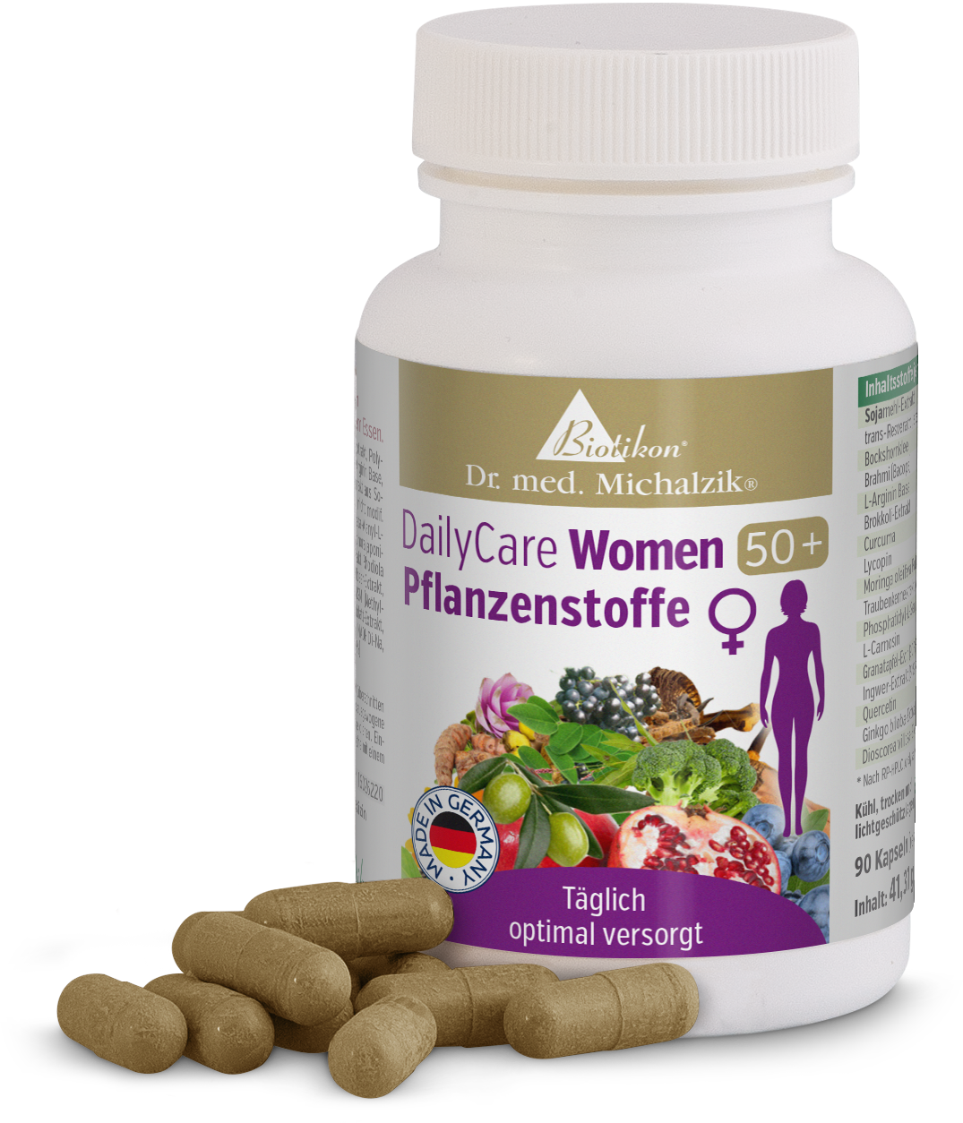 Plant Extracts 50+ – Capsules 90 capsules in a white bottle, brown capsules beside it, with plant illustrations in the background.
