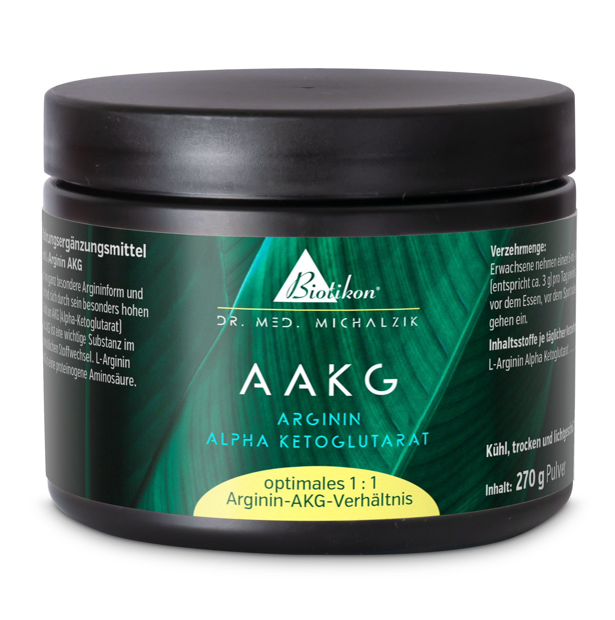 AAKG Arginine Alpha-Ketoglutarate – 270 g Powder AAKG Arginine Alpha-Ketoglutarate powder container, 270 g, black packaging, side view.