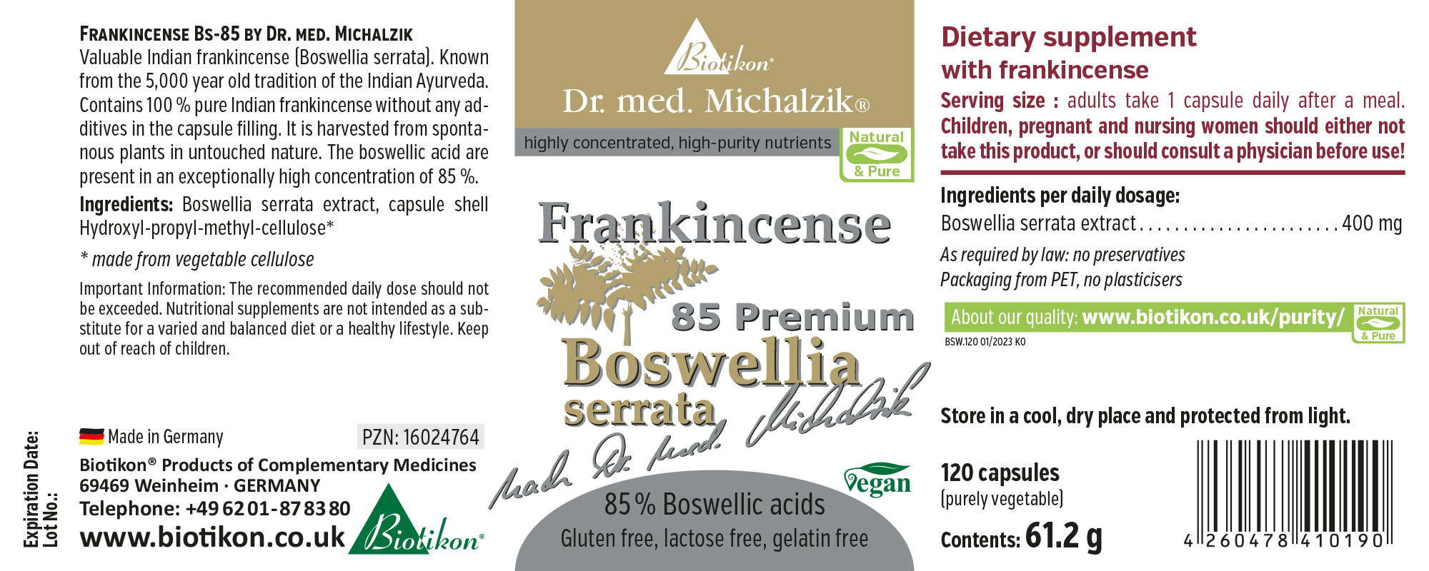 Frankincense 400 mg – Capsules 120 vegan capsules with Boswellia serrata extract in a PET container.