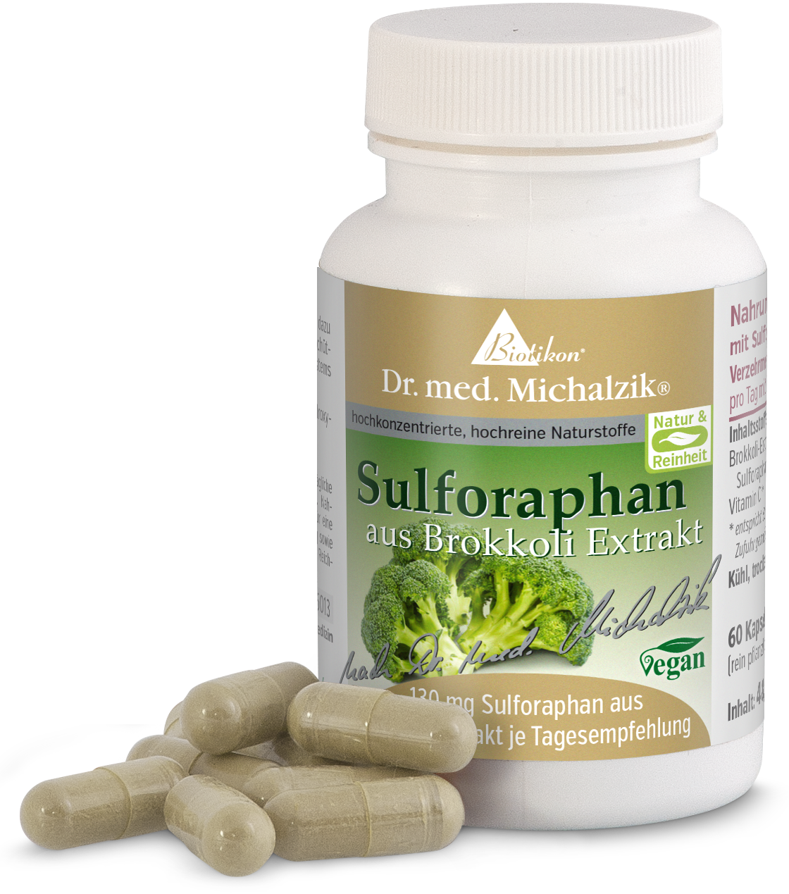 Broccoli Extract Sulforaphane – 120 mg Capsules Bottle with 60 capsules of broccoli extract sulforaphane, greenish-beige capsules, modern packaging.