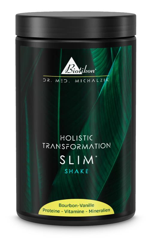 SLIM Shake – Bourbon Vanilla Protein shake in black packaging with green leaves, Bourbon Vanilla flavor, 500g.