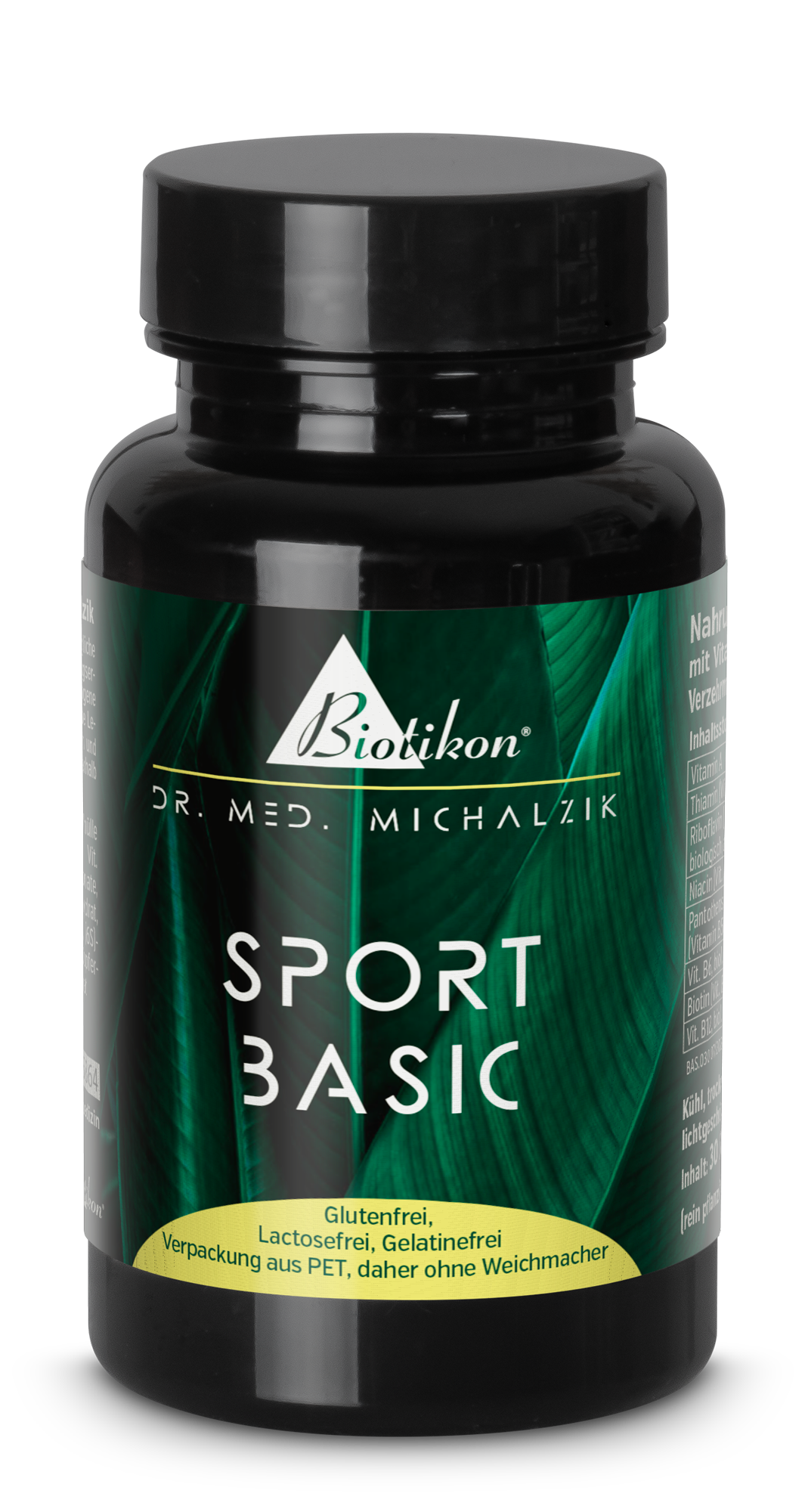 Sport Basic – Dietary Supplement Capsules Black capsule bottle with green label, containing 300 capsules, gluten-free, lactose-free, gelatin-free.