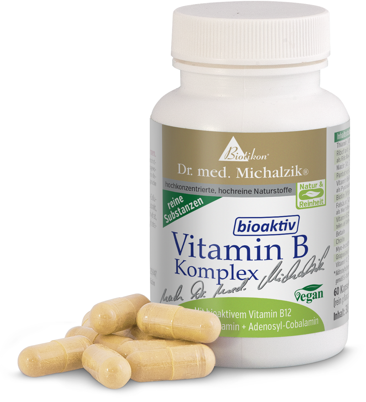 Vitamin B Complex – 60 Capsules Bottle of Vitamin B Complex with 60 vegan capsules, light beige color, a few capsules visible in the foreground.