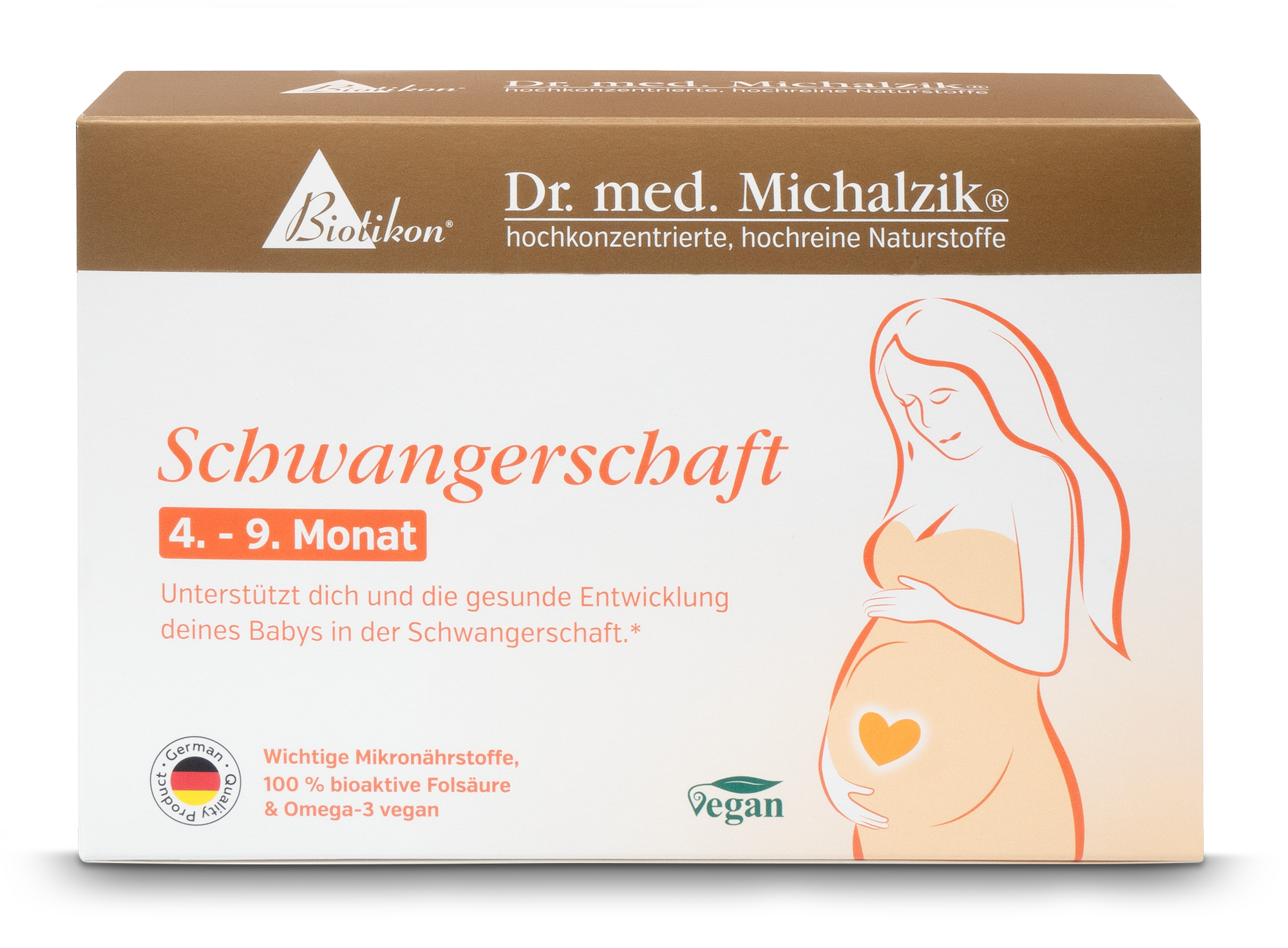 Pregnancy 4th to 9th Month – Capsules Packaging for pregnancy micronutrients, 4th to 9th month, with a pregnant woman on a white background.