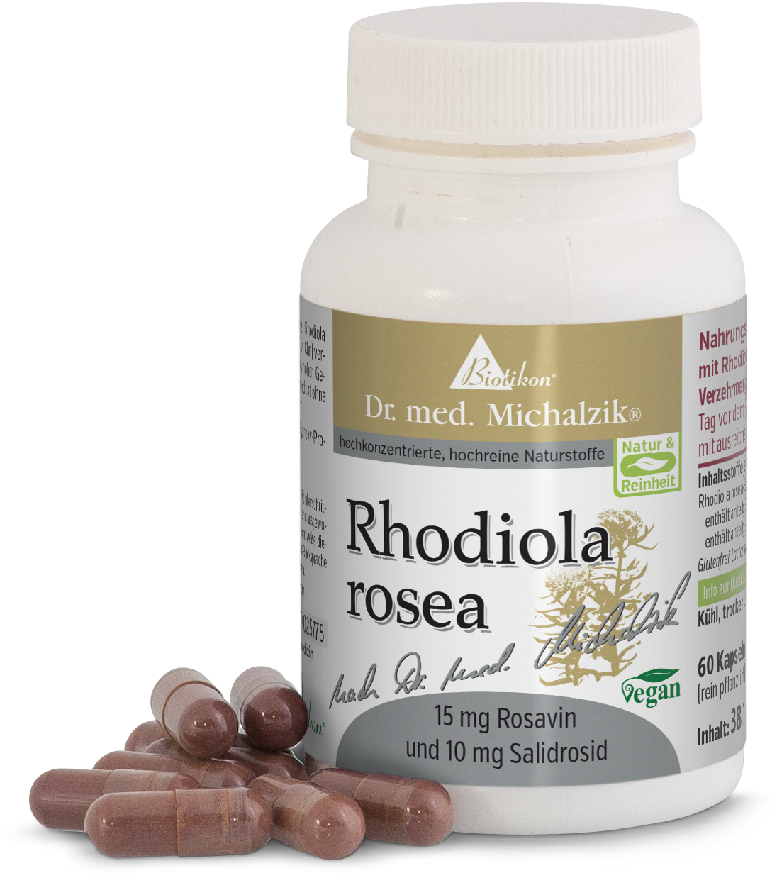 Rhodiola Rosea 15 mg - Capsules White plastic jar containing 60 brown capsules, some laid out on a surface.