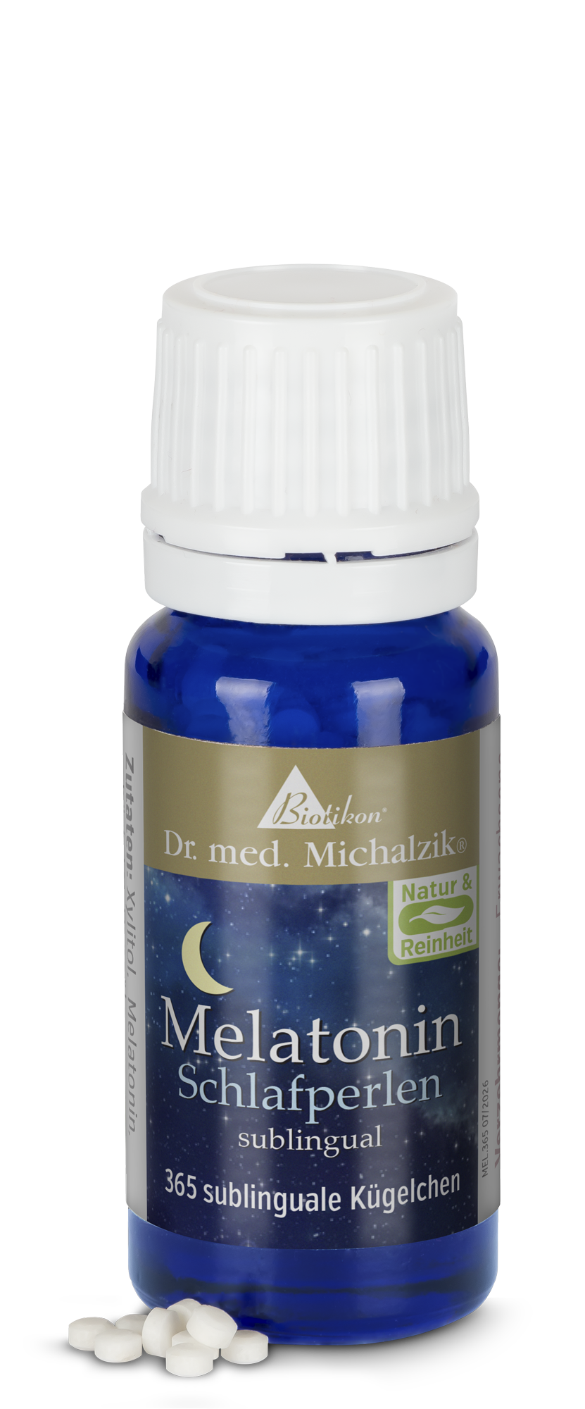Bottle of 365 sublingual tablets, white, view of the packaging.