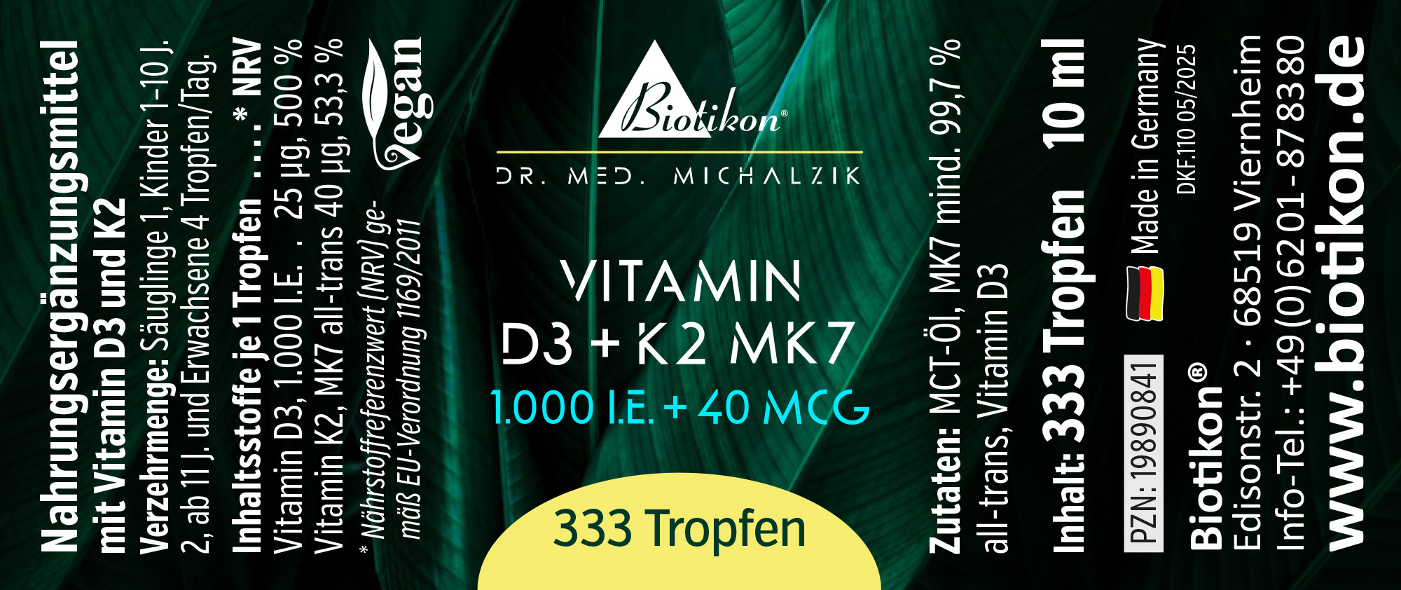 Vitamin D3 + K2 MK7 1000 IU – 333 Drops Bottle with 333 drops of Vitamin D3 and K2 MK7, 10 ml, green packaging