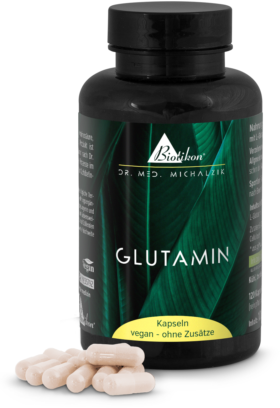 Glutamine 120 Capsules – Vegan Vegan glutamine capsules in a black bottle with green design, 120 pieces, capsules prominently displayed.