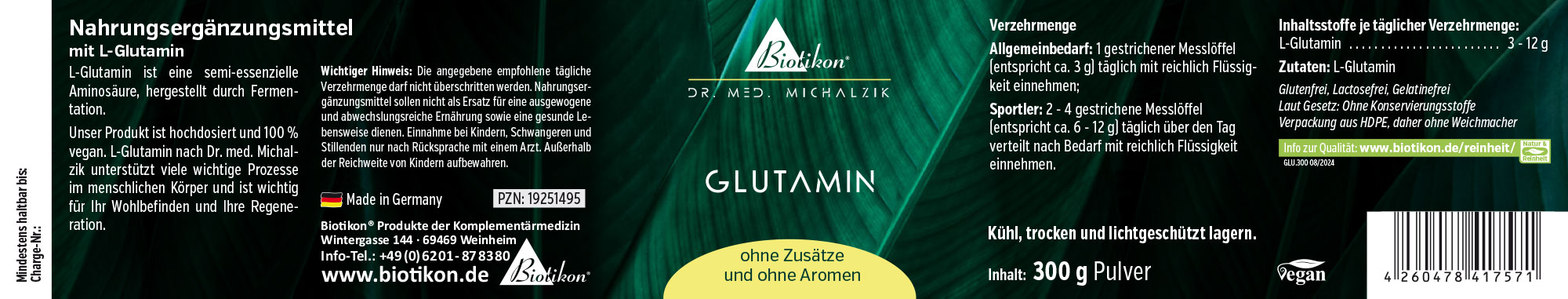 L-Glutamine 300g - Powder L-Glutamine supplement, 300g powder, vegan, packaged in a sturdy bag, green color.