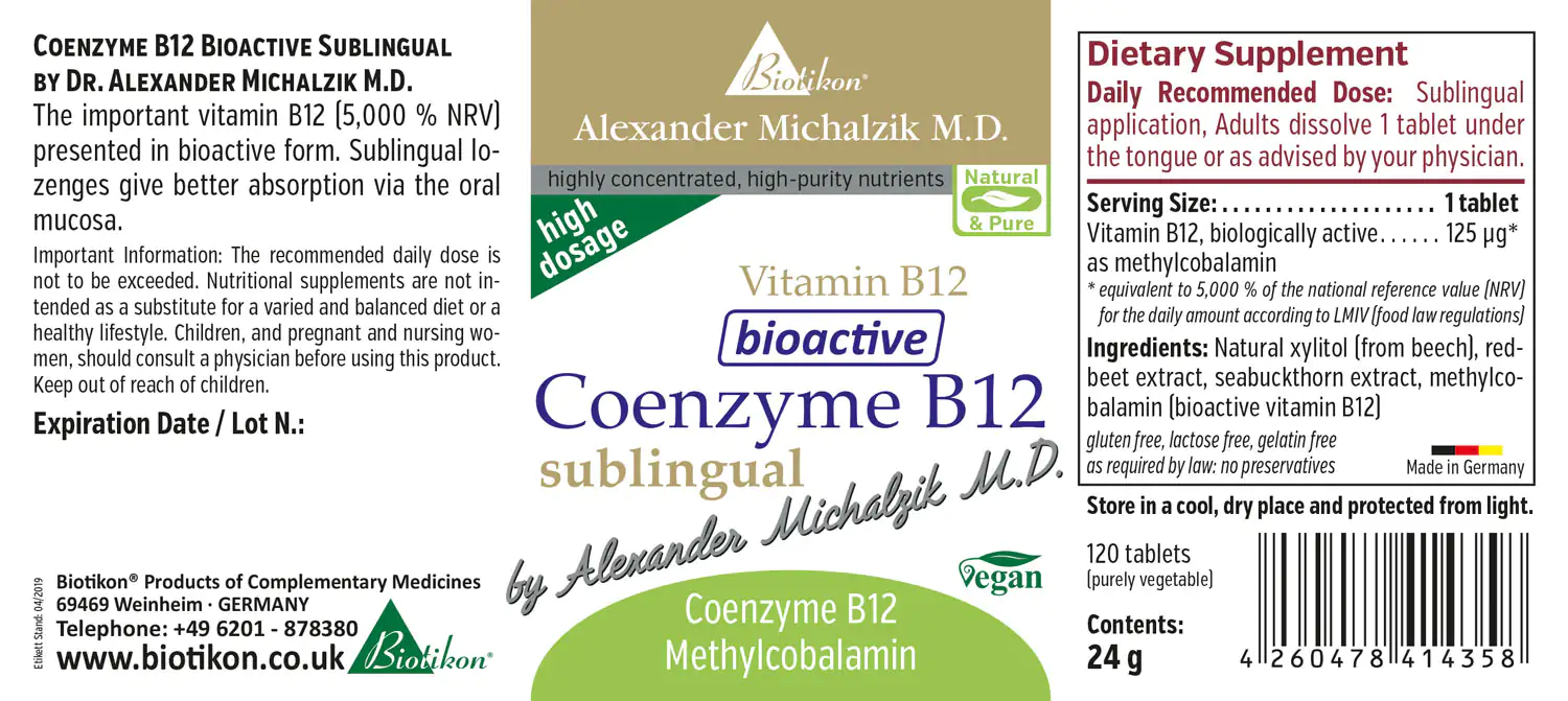 Coenzyme B12 125 µg – Sublingual Tablets Bioactive Coenzyme B12 in 120 tablets, sublingual, vegan, packaging in green and white design, made in Germany.