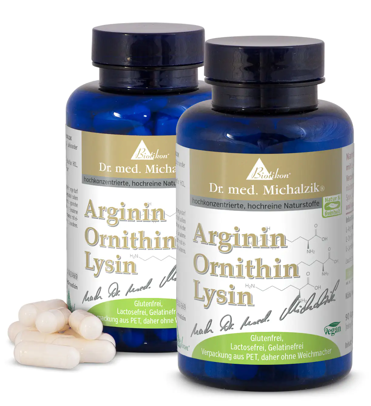 Arginine Ornithine Lysine – 90 Capsules Two blue bottles containing 90 capsules of Arginine Ornithine Lysine, gluten-free, in PET packaging.