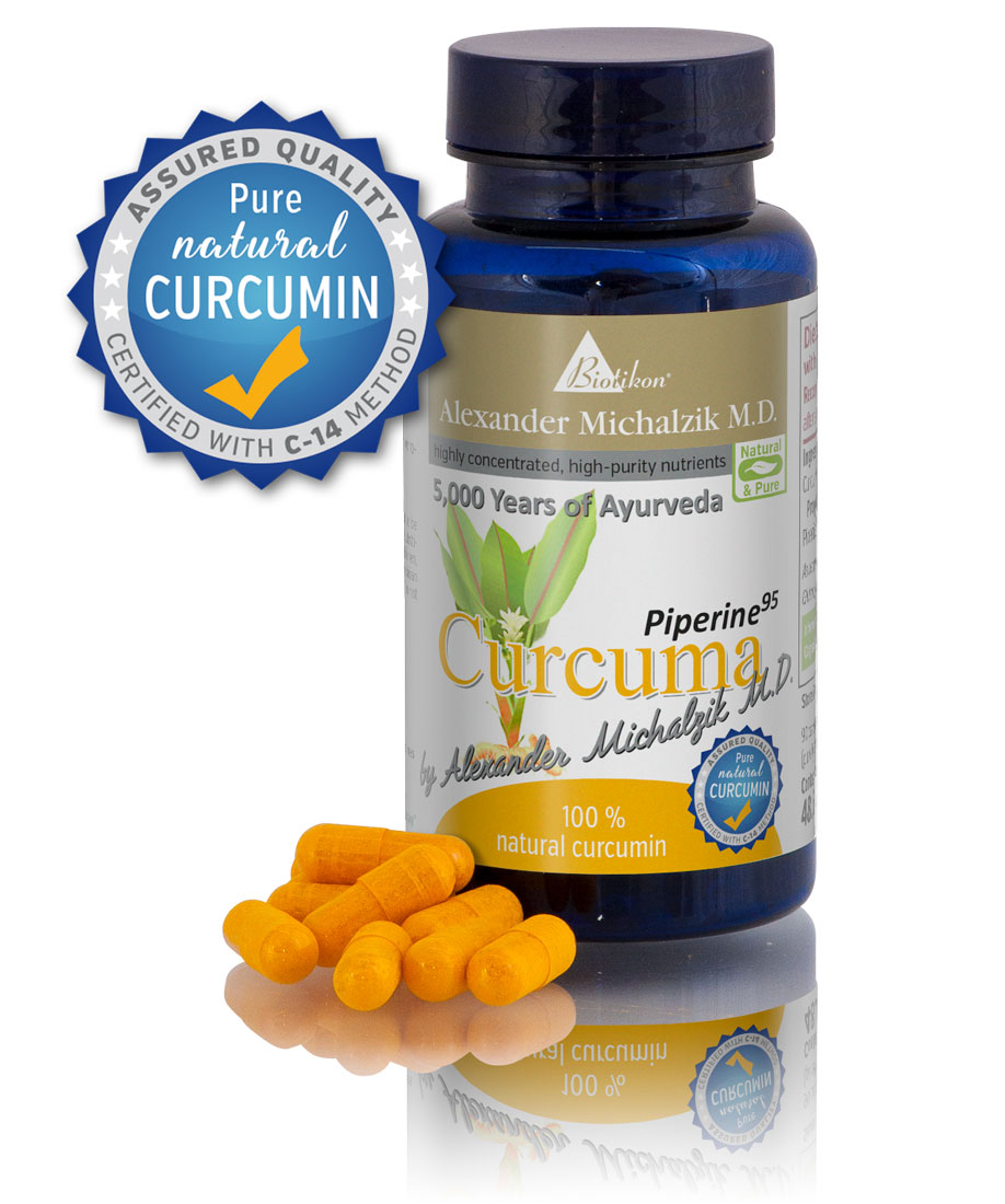Curcumin 500 mg – Capsules Bottle with yellow capsules, 60 pieces, natural Curcumin, front view