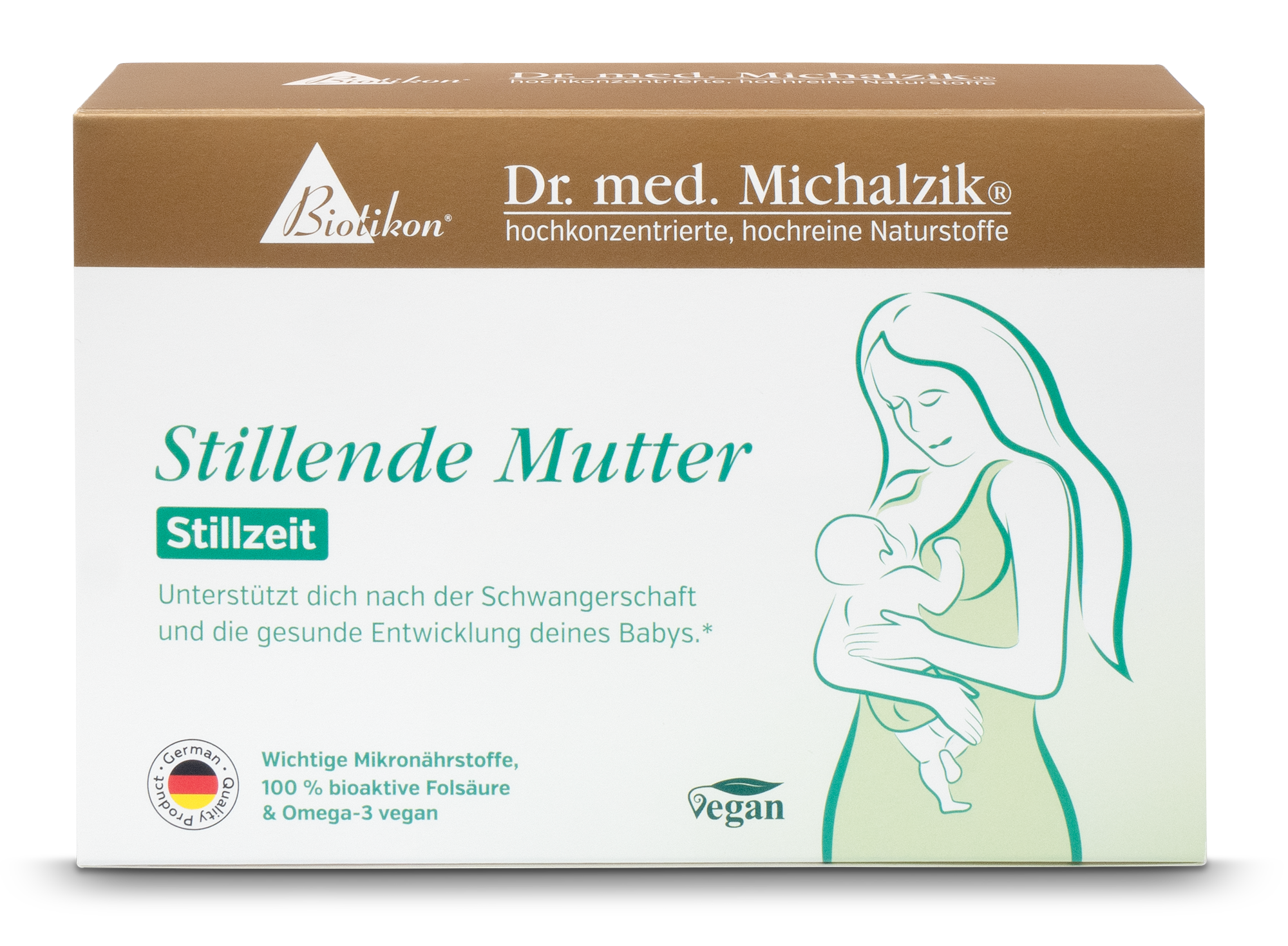Breastfeeding Mother – 30 Capsules Packaging for Breastfeeding Mother, 30 vegan capsules, green and white box, front view.