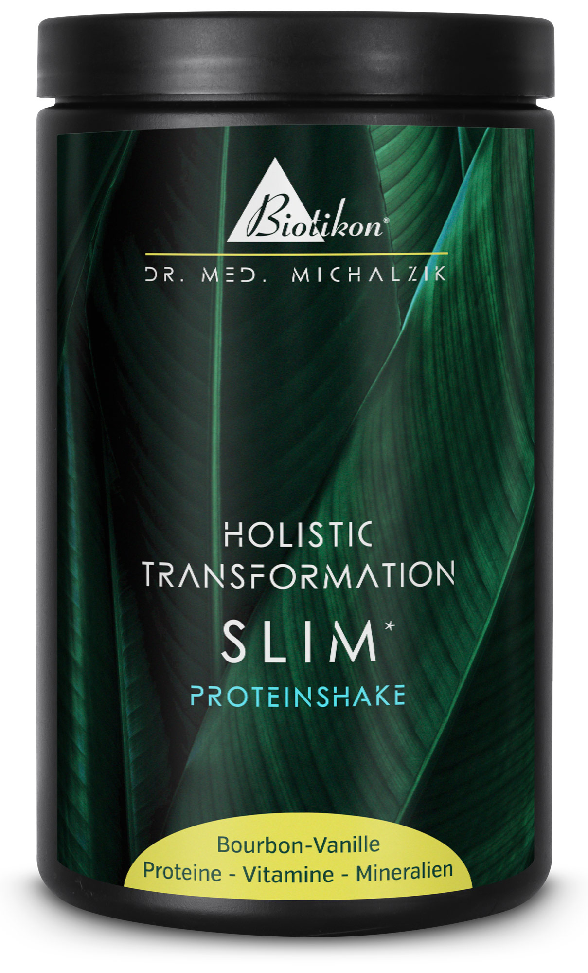 Black container of Slim Shake, Bourbon Vanilla flavor, packed with protein, vitamins, and minerals, side view.