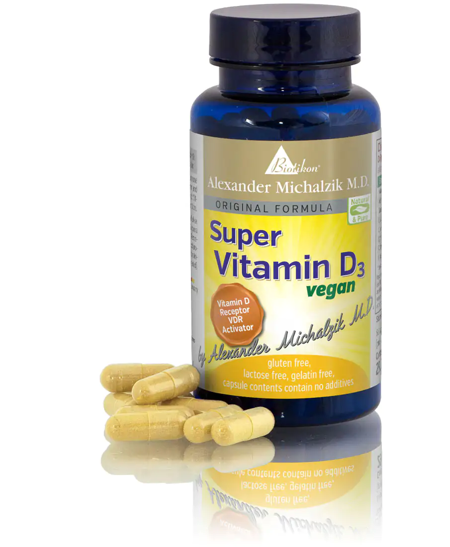 Vitamin D3 1000 IU – Vegan Capsules Vegan capsules with Vitamin D3, 100 capsules in a blue bottle, yellow capsules on a reflective surface.