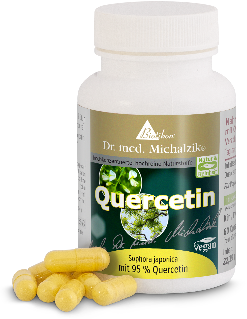 Quercetin 95% – Capsules Vitamin supplement Quercetin in capsules, 60 pieces, yellow capsules, view of the bottle and capsules.