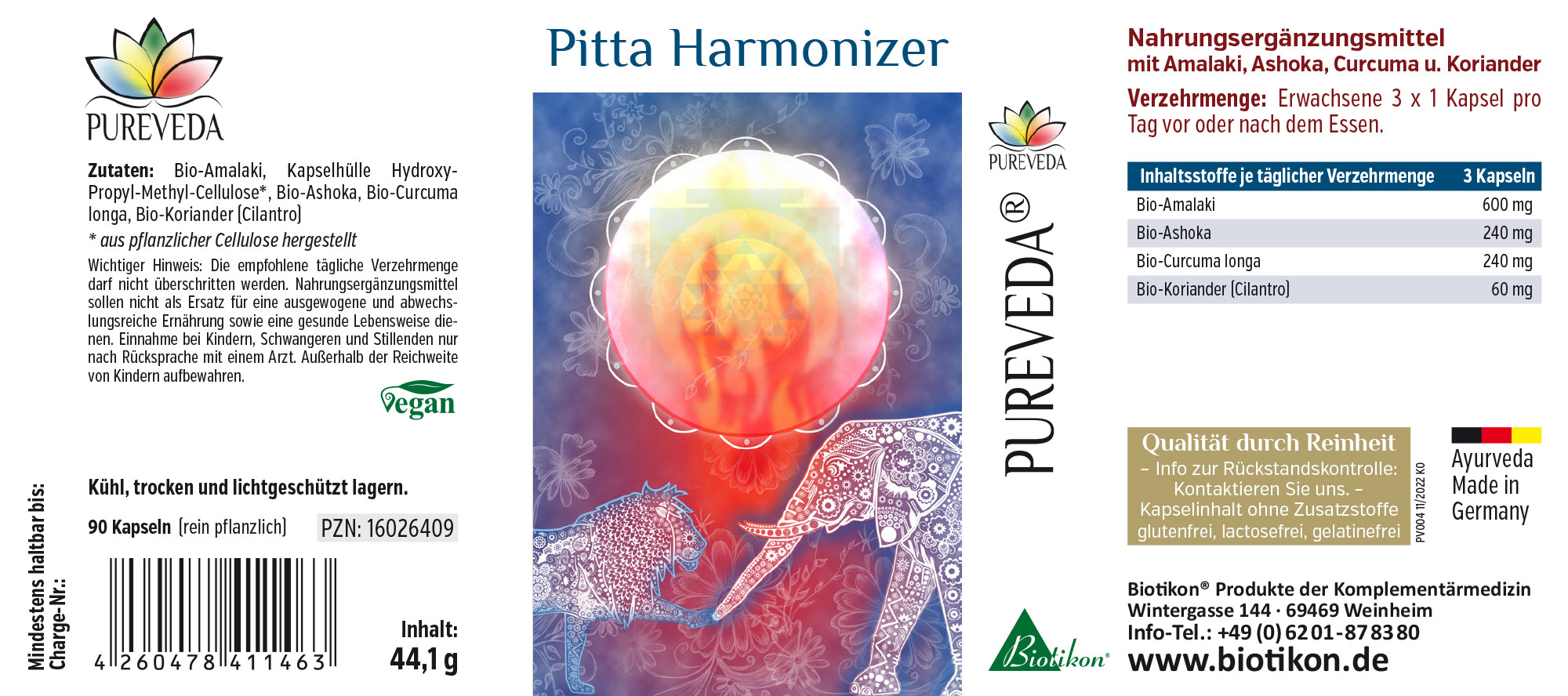 Pitta Harmonizer – 90 Capsules Dietary supplement capsules with Amalaki, Ashoka, Turmeric, and Coriander, 90 capsules, colorful packaging.