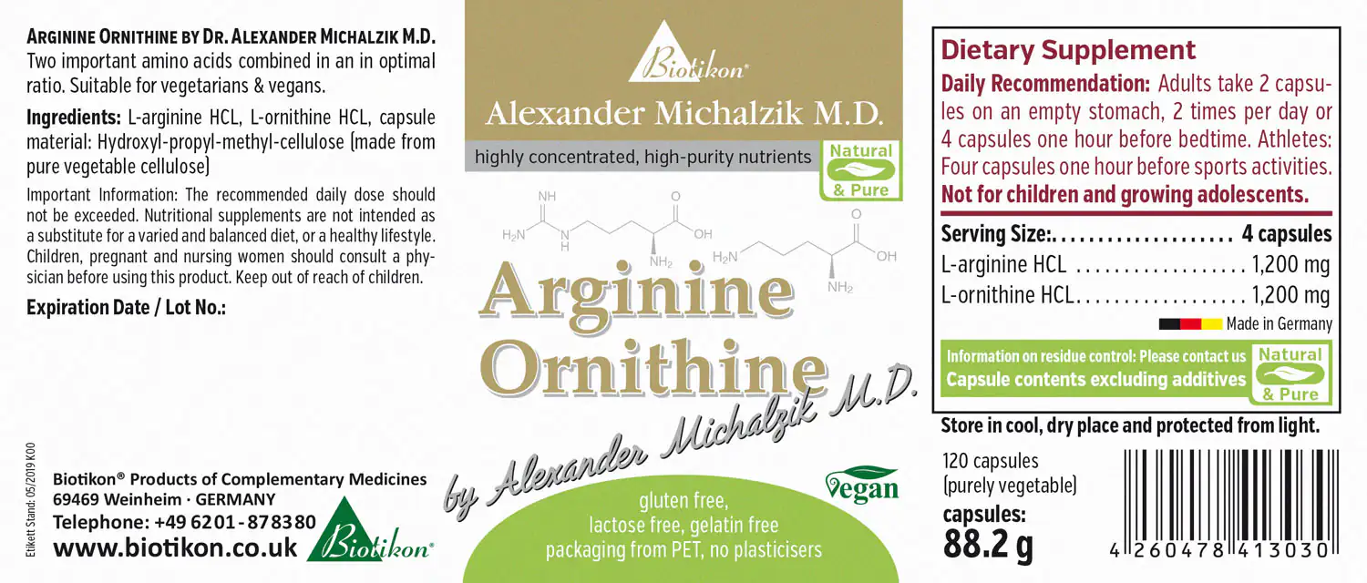 Arginine Ornithine 120 Capsules - Dietary Supplement 120 capsules of Arginine Ornithine in a clear container, vegan and gluten-free.
