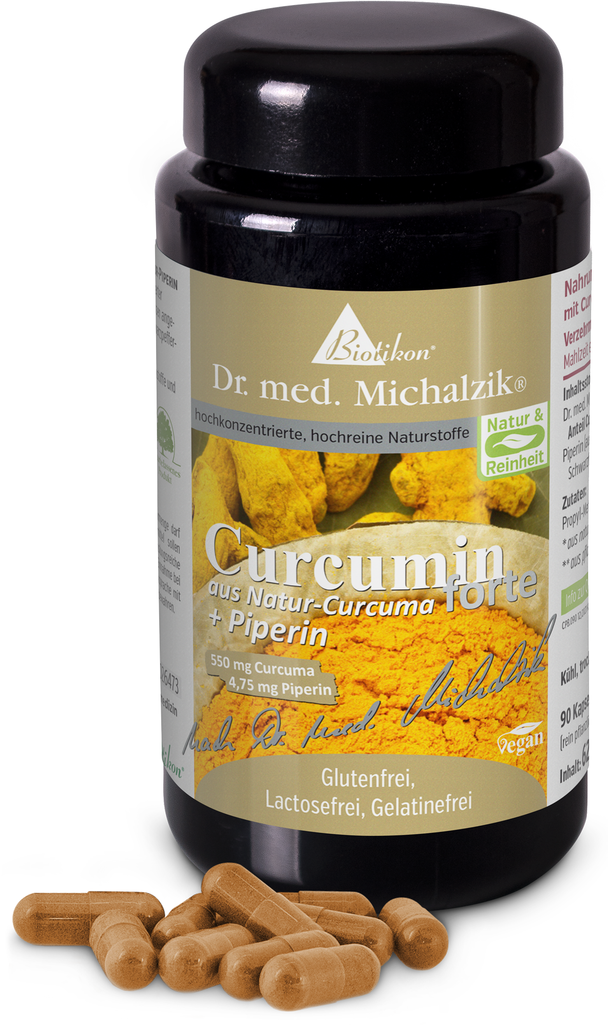 Curcumin 550 mg – Capsules Brown glass container with 90 capsules, labeled turmeric product with piperine.