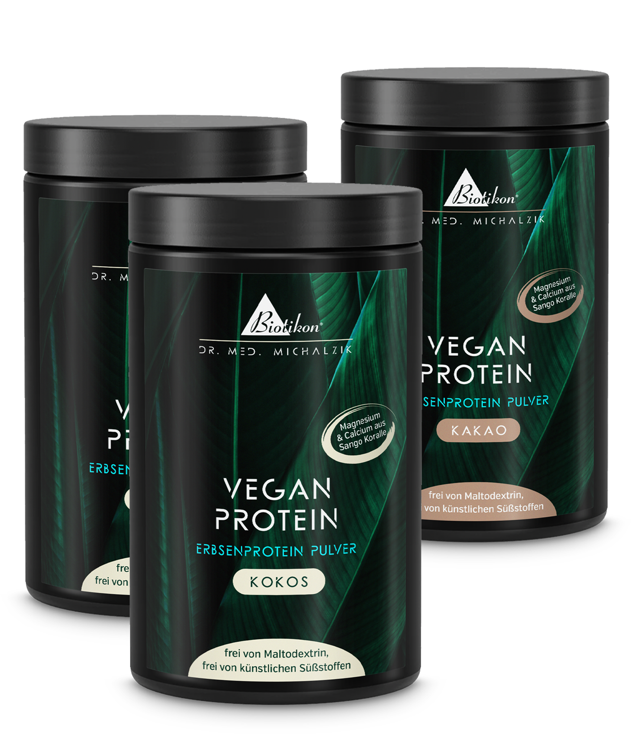 Three cans of plant protein powder in white, coconut, and cocoa with a lid, on a white background.