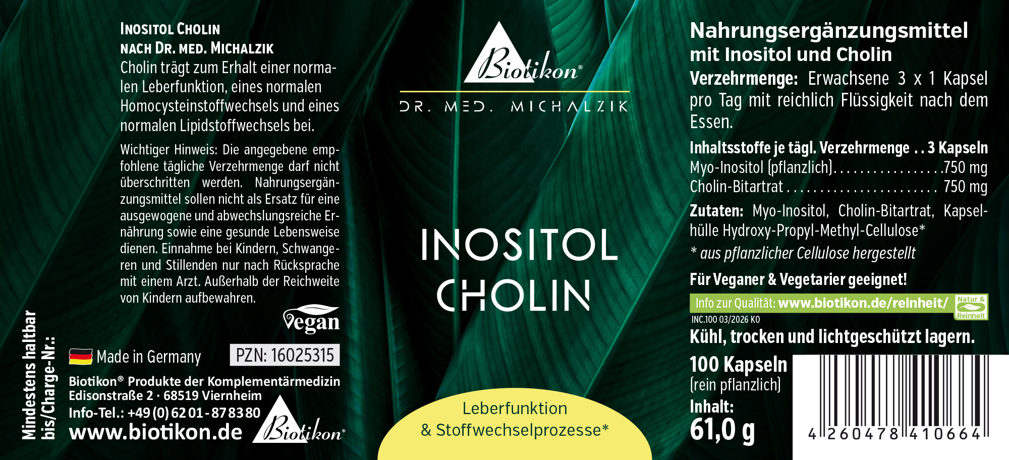 Inositol Choline 750 mg – Capsules Vegan Inositol Choline capsules, 100 pieces, gluten-free, in PET packaging, made in Germany.