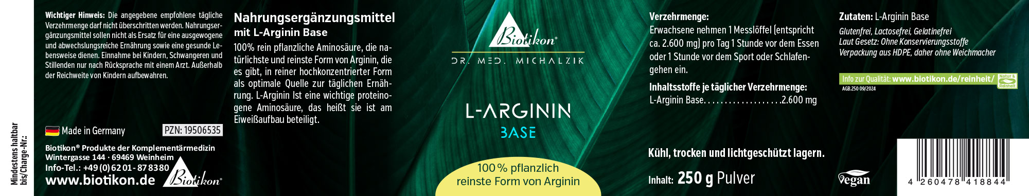 L-Arginine Base 250g - Powder L-Arginine dietary supplement, 250g powder, green packaging, side view.