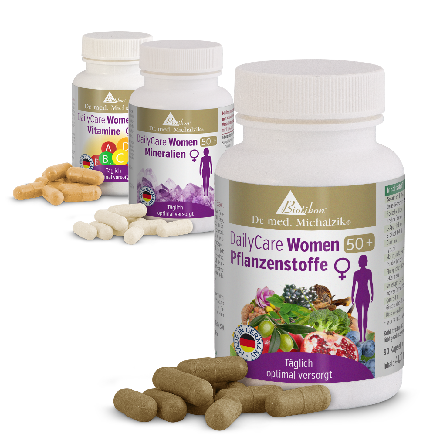 DailyCare Women 50+ Bundle with 3 Containers DailyCare Women 50+ dietary supplement in a white bottle with 90 capsules, brown and cream colors, on a neutral background.