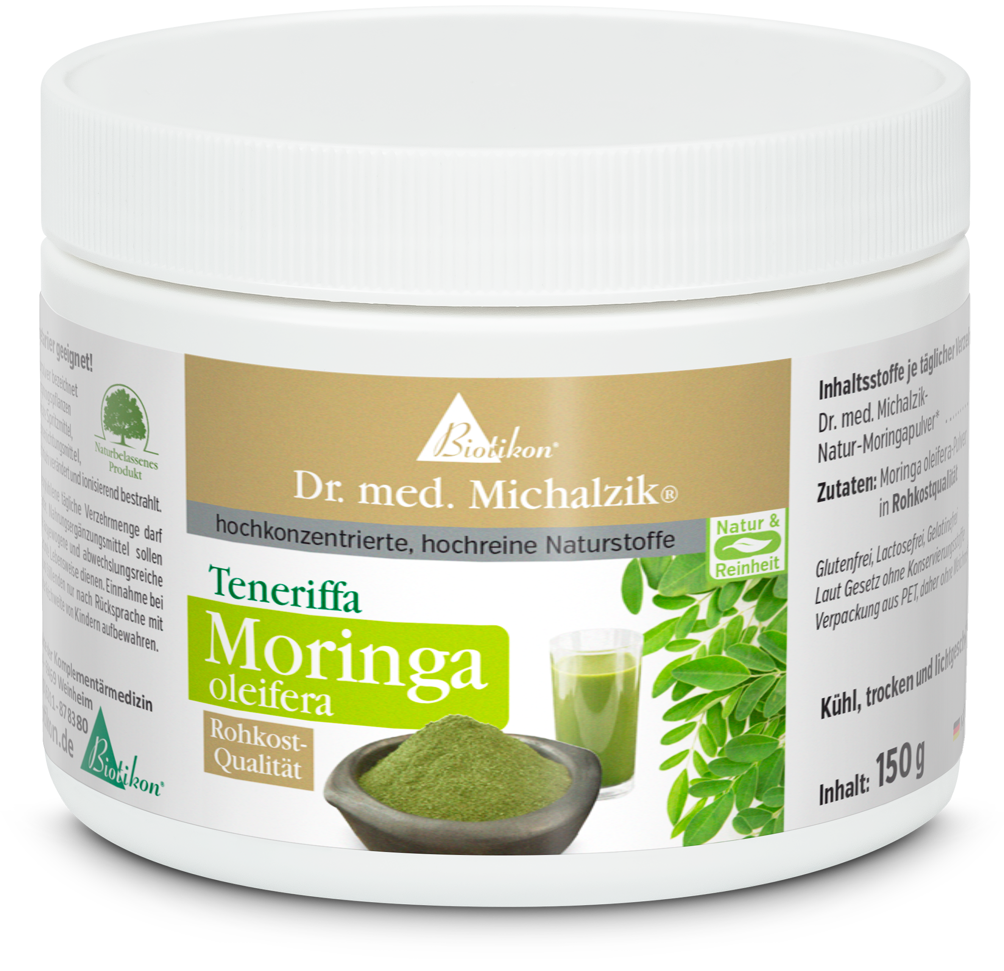 Moringa Oleifera Powder – 150 g Moringa Oleifera powder in a white container, 150 g, with green print, showcases the powder and drink.