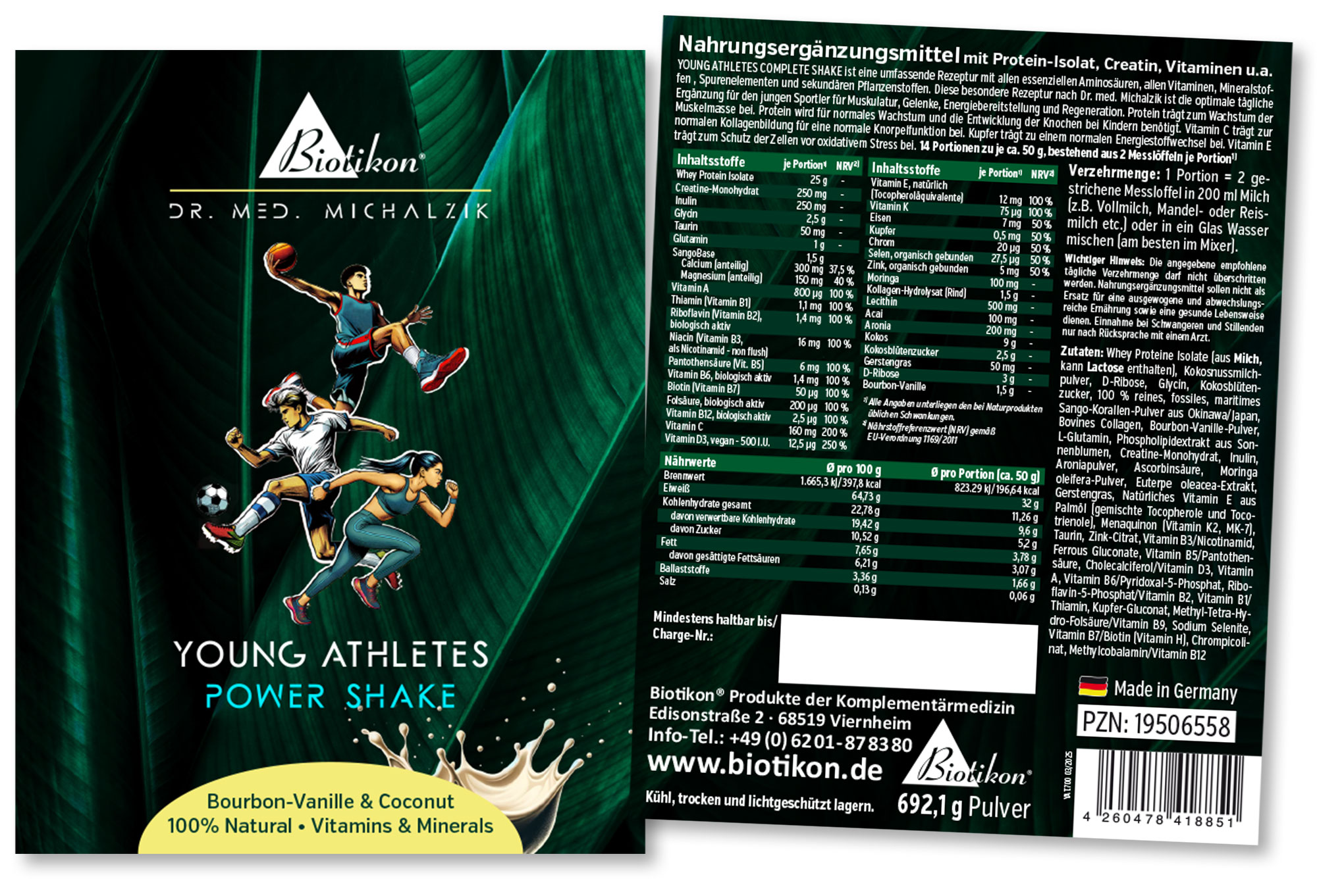 Power Shake – 692 g Powder Protein powder for young athletes, Bourbon vanilla & coconut flavor, 692 g, enriched with nutrients.
