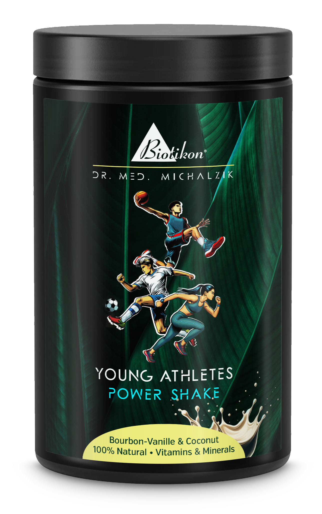 Power Shake for Young Athletes – 400 g Black container with Power Shake for young athletes, Bourbon vanilla and coconut flavor, 400 g, featuring sporty designs.