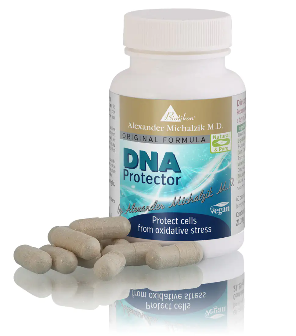DNA Protector – 60 Capsules DNA Protector capsules in a white container, vegan, beige capsules on a reflective surface.