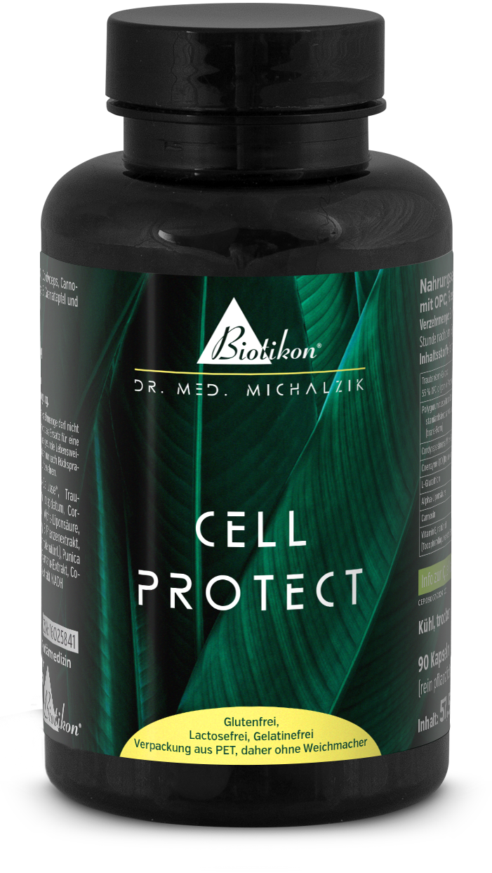 Cell Protect – 90 Capsules Cell Protect dietary supplement in a PET bottle, 90 capsules, green packaging, front view.