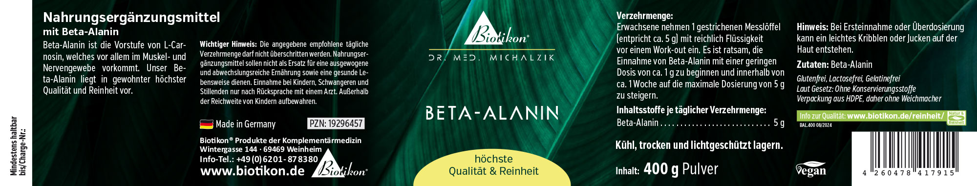 Beta-Alanine 400 g – Powder Dietary supplement Beta-Alanine in 400 g powder packaging with a green design.