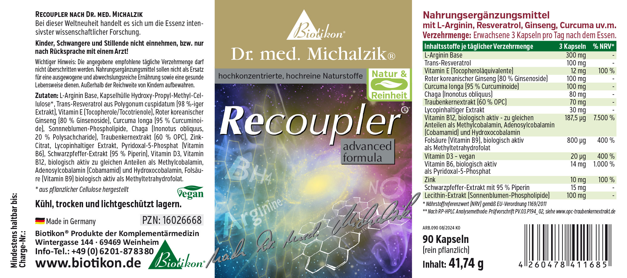 Recoupler L-Arginine 300 mg – 90 Capsules Recoupler dietary supplement with 90 capsules, high concentration, vegan, on a green background.