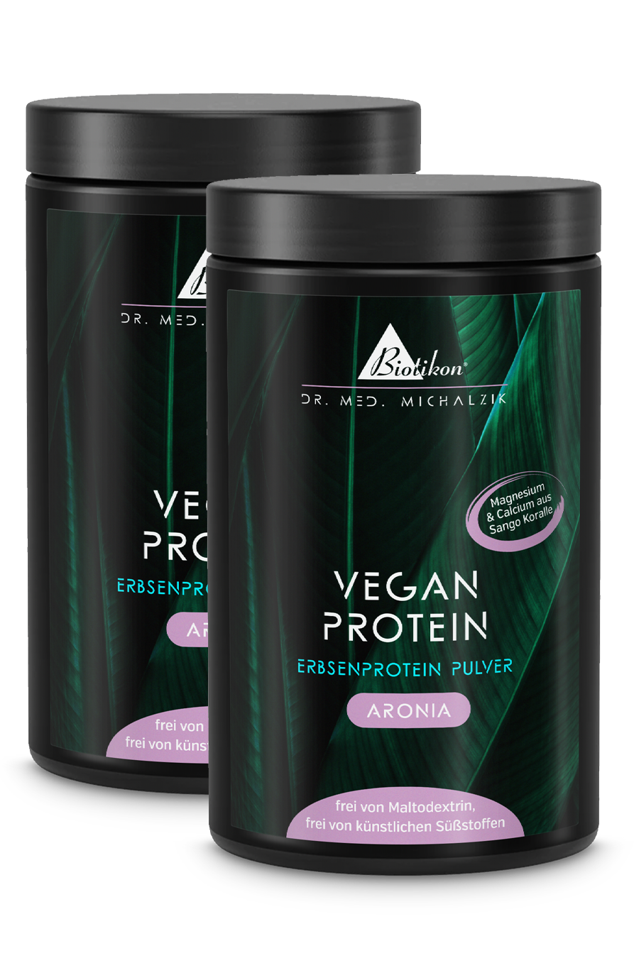Two containers of white plant protein powder with a purple label, 500 g.