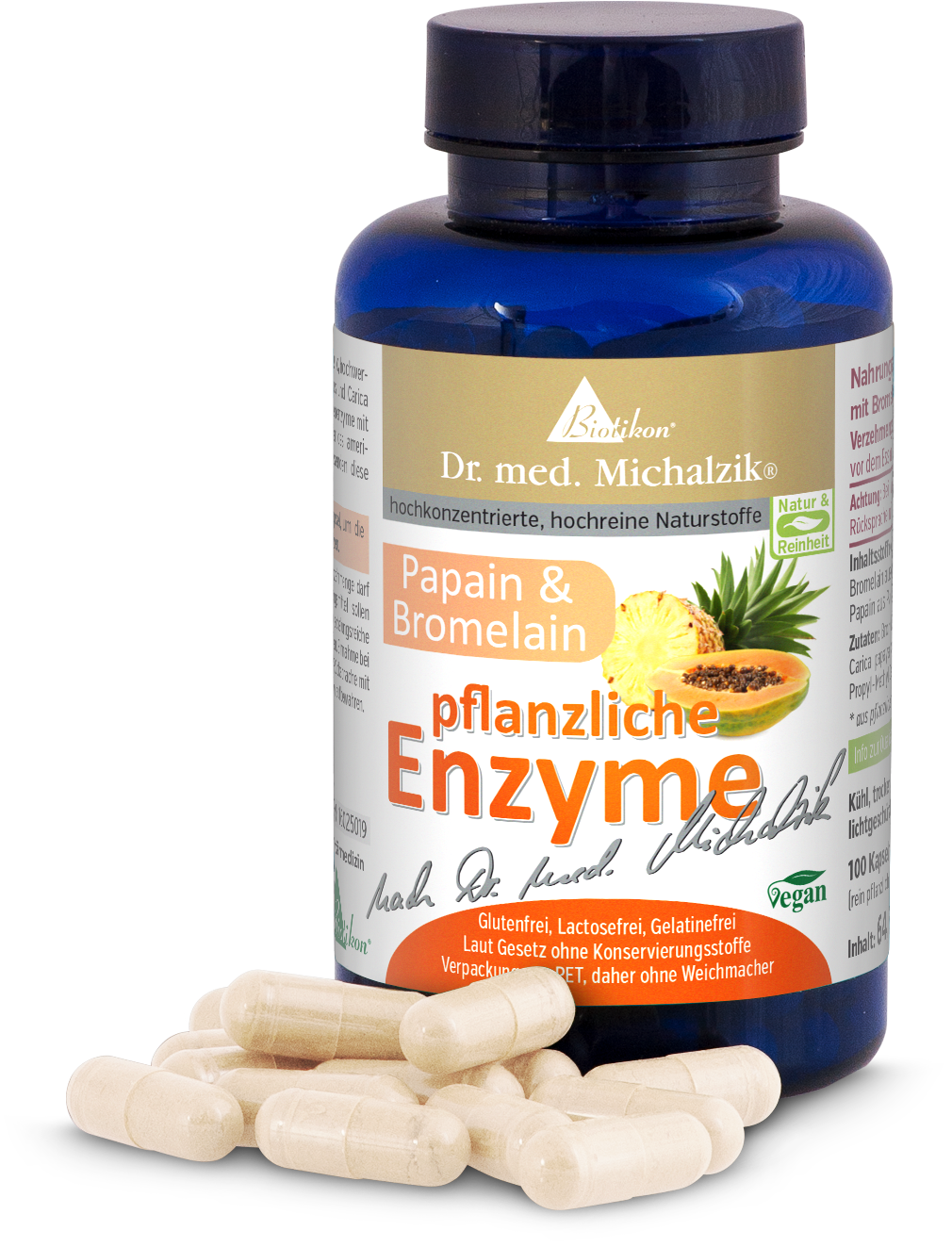 Plant-Based Enzymes – 100 Capsules Blue bottle with 100 capsules, contains papain and bromelain, vegan and gluten-free.
