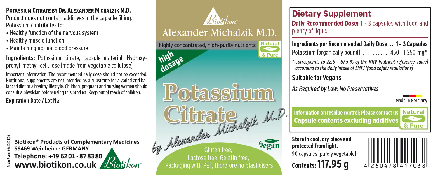 Potassium Citrate Label High-dose potassium citrate in packaging with 90 capsules, vegan, shown in slight perspective, green-blue design.