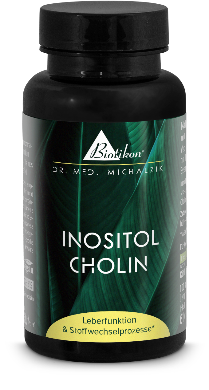 Blue bottle with Inositol Choline capsules, 100 pieces, beside capsules on a white background.