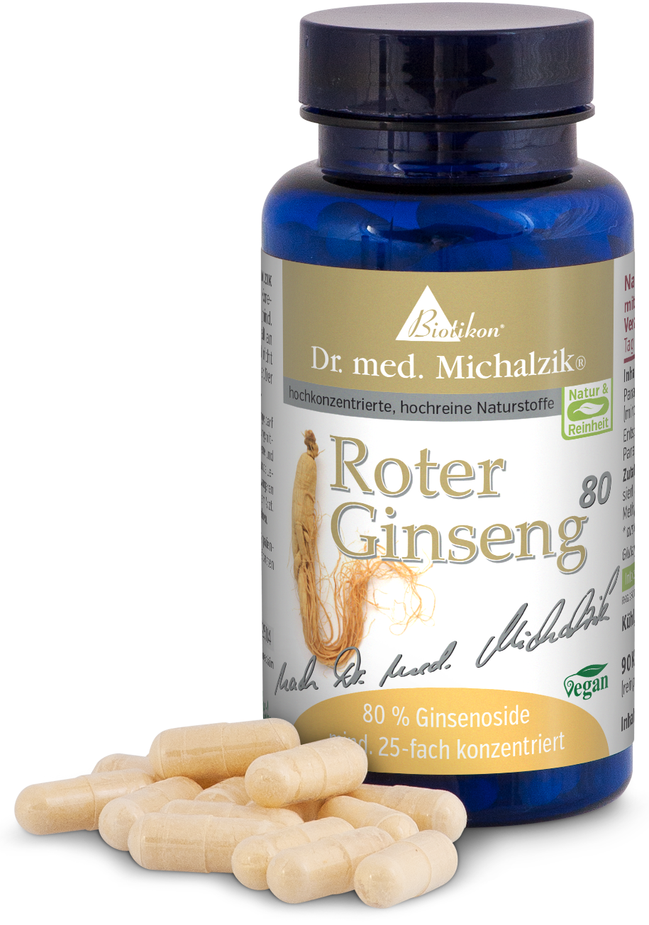 Red Ginseng 80 Capsules – Vegan Formula Bottle of red ginseng with 80% ginsenosides, 25x concentrated, transparent vegan capsules, blue packaging.