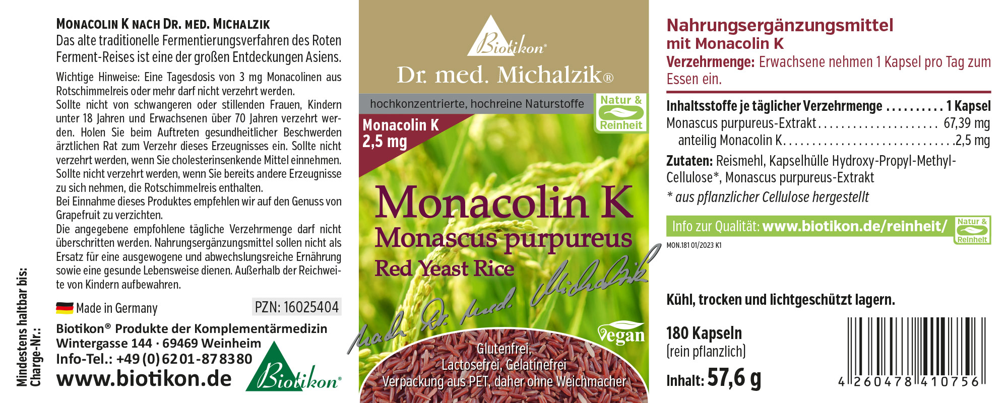 Monacolin K Supplement Dietary supplement Monacolin K, 180 clear capsules, PET packaging in green and purple shades.