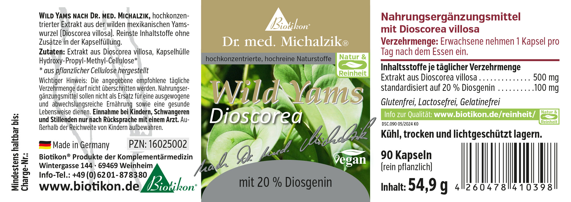 Wild Yam Dioscorea 500 mg – Capsules 90 capsules of Wild Yam containing 20% Diosgenin, concentrated extract, vegan, in a bright packaging.