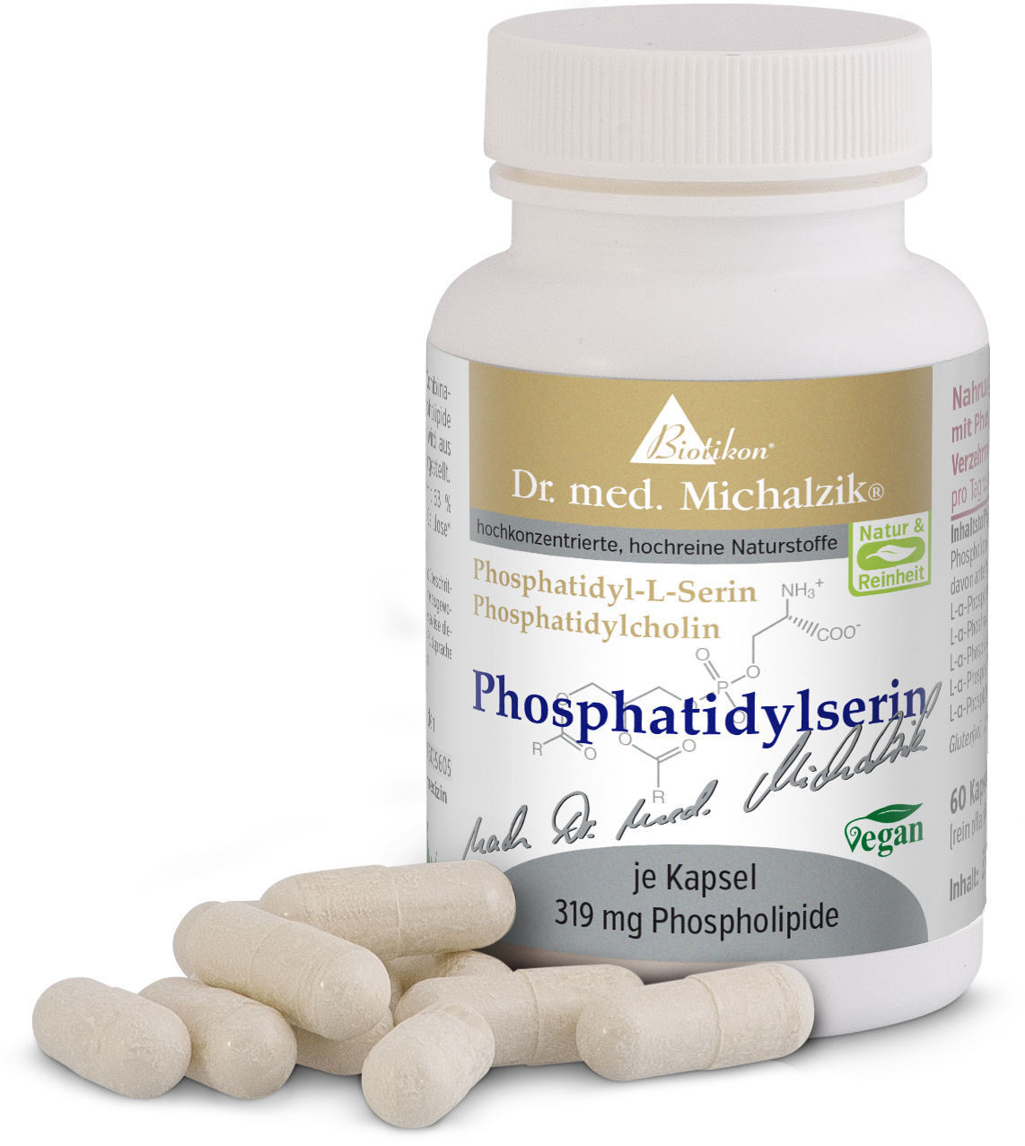 Phosphatidylserine 319 mg – Capsules Bottle of phosphatidylserine capsules, 60 count, beige capsules, front view.